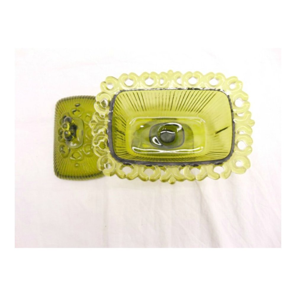 vintage Green Glass Open Lace Edge Candy Dish Compote - Picture 3 of 4
